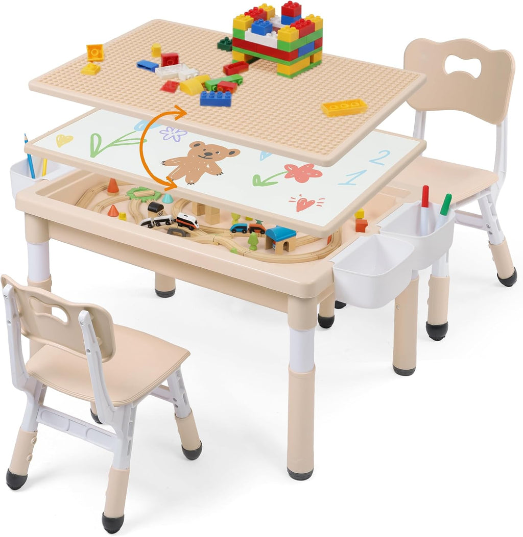 Kids Table and Chairs Set Large Storage, Height Adjustable Toddler Activity Table and 2 Chairs Set, 34.6x24.8' Graffiti/Block Building Desktop, 4 Side Boxes, Kids desk for Home, Preschool, Classroom