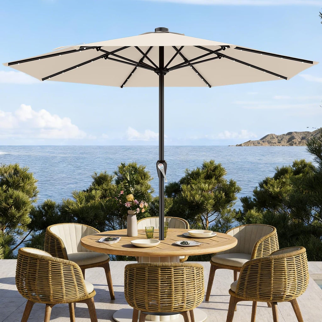 AreShark 12FT Large Patio Umbrella with Solar Lights, Solar Powered Outdoor Umbrella with Crank, Patio Table Market Umbrellas for Garden, Deck, Backyard, Pool and Beach, Cream-White