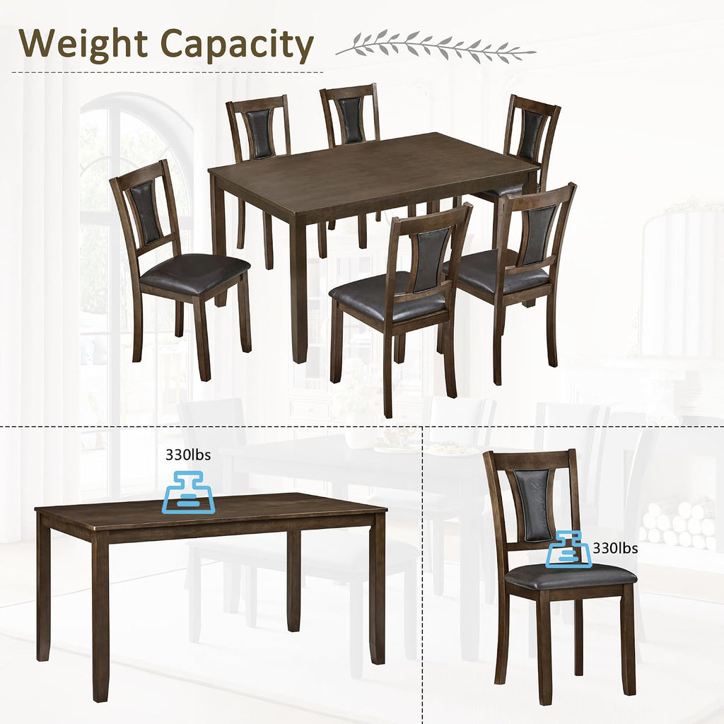 LUMISOL 7-Piece Modern Dining Table Set with Upholstered Chairs of 6, Wooden Rectangular Table for 6-8 People, Farmhouse Kitchen Set for Restaurant, Walnut