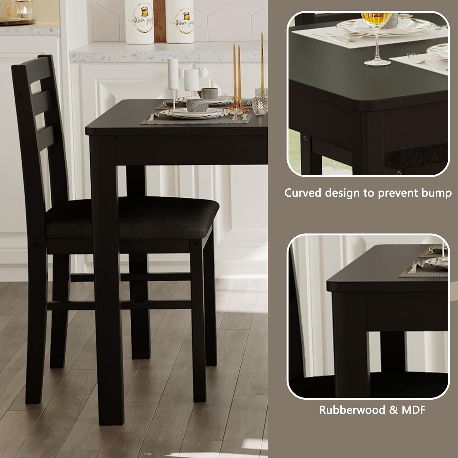 Dining Table Set for 4, Solid Wood Kitchen Table Chairs Set of 4, 43.3' Space-Saving Mid Century Modern Dining Room Table with Chairs and Bench for Kitchen, Living Room,Breakfast Nook, Black