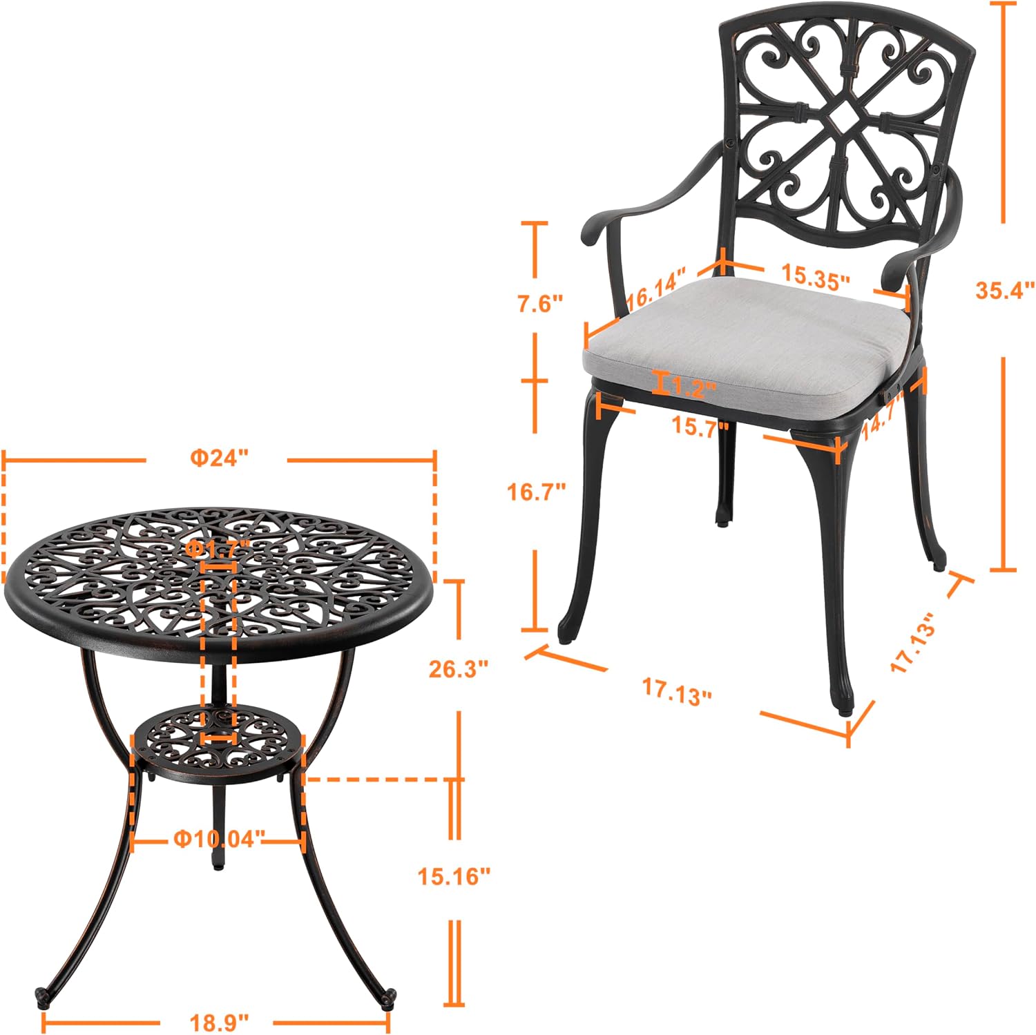 NUU GARDEN Bistro Set 3 Piece Outdoor Cast Aluminum Patio Table and Chairs Set of 2 with Umbrella Hole and Grey Cushions for Backyard, Balcony, Lawn, Black