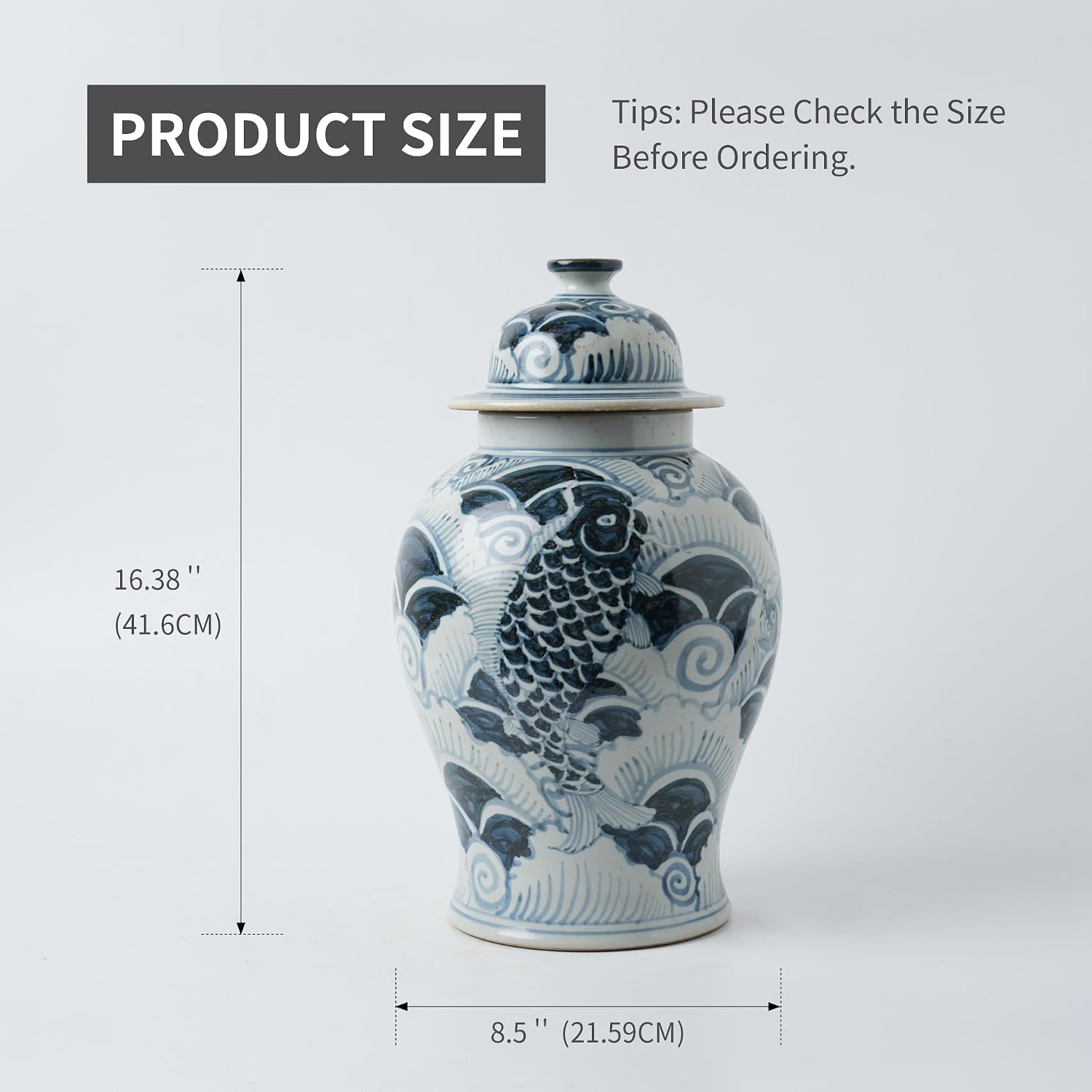 Handmade 41' Ceramic Ginger Jar w/Lid - Classic Chinese Style Porcelain Jar Tea Storage for Home Decor DecorativeTemple Jar Centerpiece Vintage Accent Antique Vase (Dark Blue)