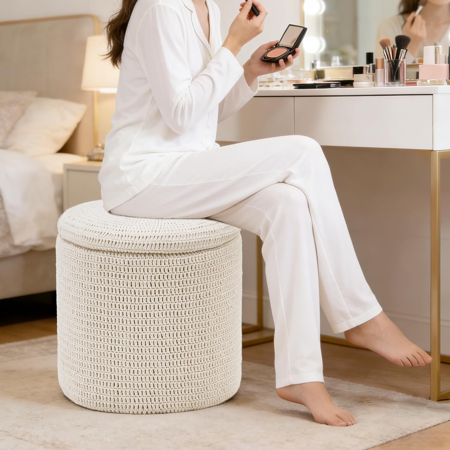 Wimarsbon Pouf Ottoman, 100% Cotton Knitted Boho Footstool, Round Footrest with Non-Skid Wood Legs, Home Décor Handmade Pouffe, Leisure Floor Step Stool for Living Room (18inch White Storage Ottoman)