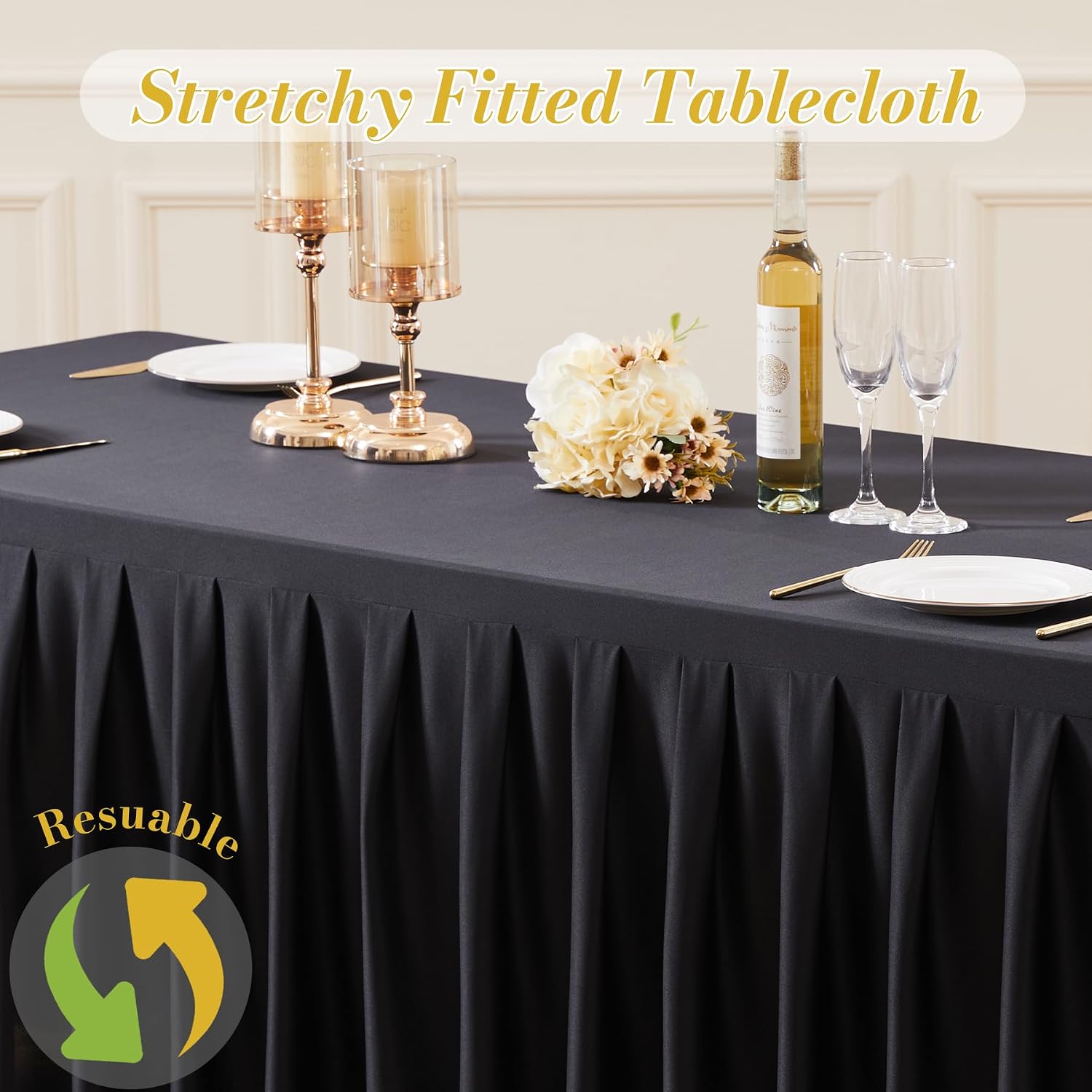 8 Pack Black Rectangle Tablecloth 8 FT Stretch Spandex Fitted Table Cloth for 8 Foot Rectangle Tables Banquet Tablecloths Wrinkle Free Table Cover Skirt Ruffle Tablecloth for Party Wedding Birthday