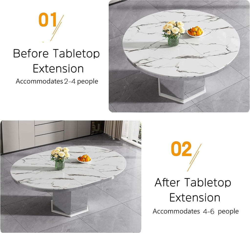 47'-63' Round Extendable Dining Table for 4-6, Modern Expandable Kitchen Table with White Faux Marble Top & Silver Mirrored Hexagon Base, Luxury Faux Marble Dining Room Table for Family Gathering