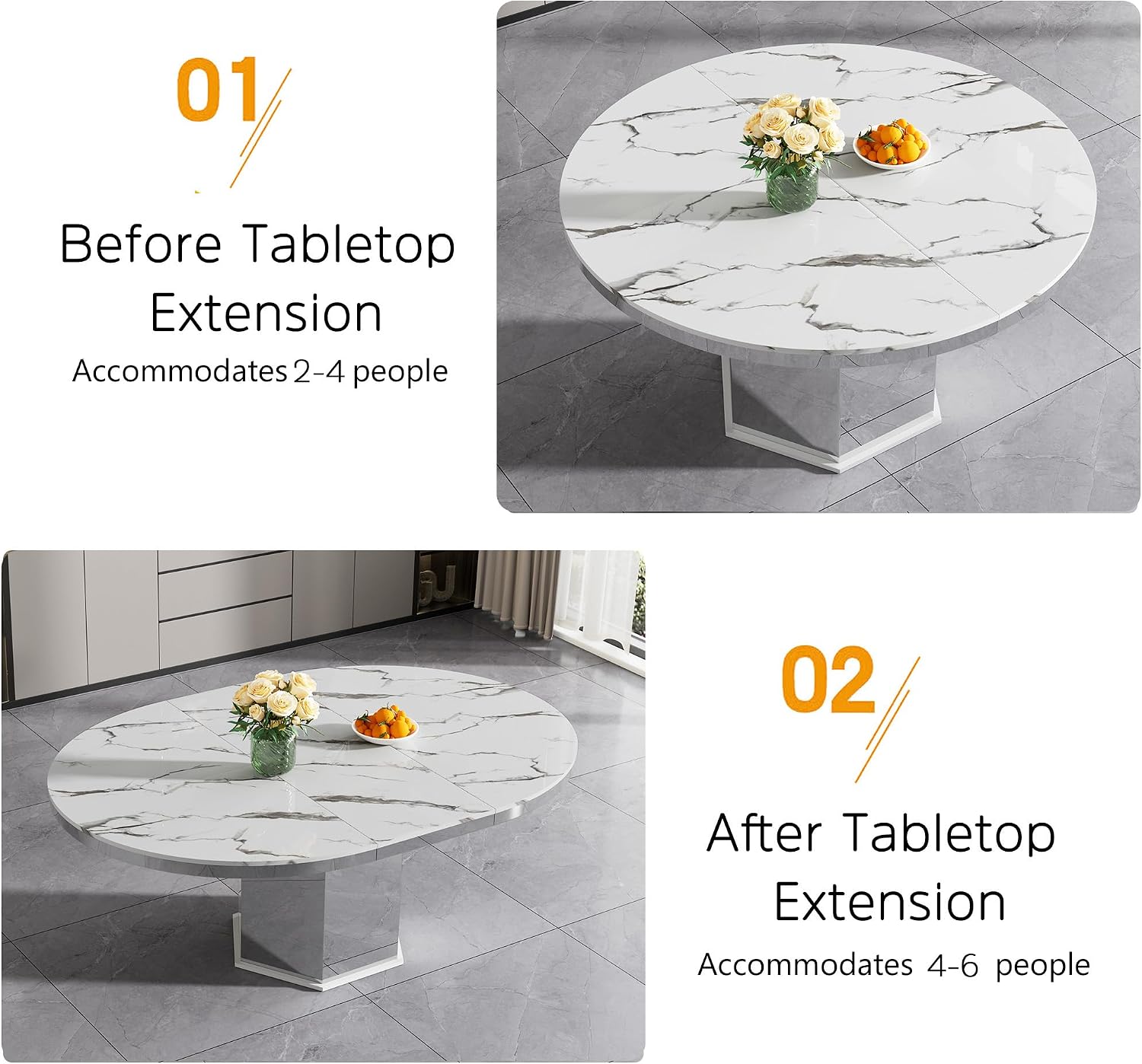 47'-63' Round Extendable Dining Table for 4-6, Modern Expandable Kitchen Table with White Faux Marble Top & Silver Mirrored Hexagon Base, Luxury Faux Marble Dining Room Table for Family Gathering