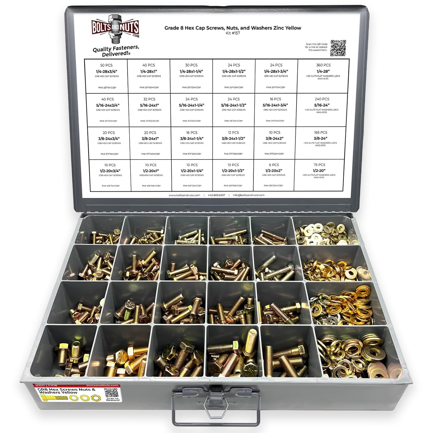 Grade 8 Hex Cap Screws Nuts Washers Fine Thread Zinc Yellow Assortment - 1269 Pieces