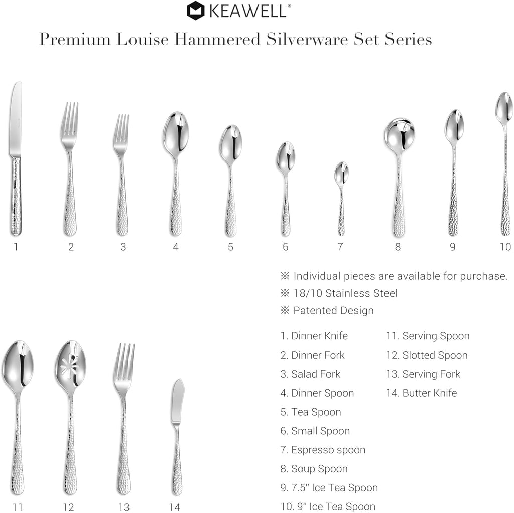 KEAWELL Premium 20/45/65 Piece Louise Hammered Silverware Set with Round Edge, 18/10 Stainless Steel, Service for 4/8/12, Fine Flatware Set, Dishwasher Safe (65)