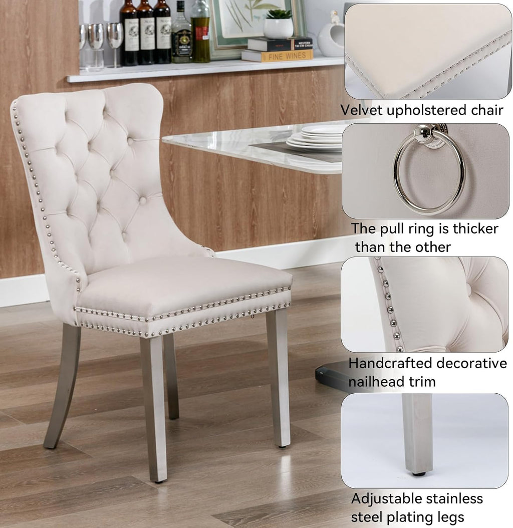 5 Pieces 47'-63' White Faux Marble Extendable Dining Table Set, Round Expanding Kitchen and Dining Room Table Set for 4 with Mirrored Acrylic Base & Beige Velvet Upholstered Chairs