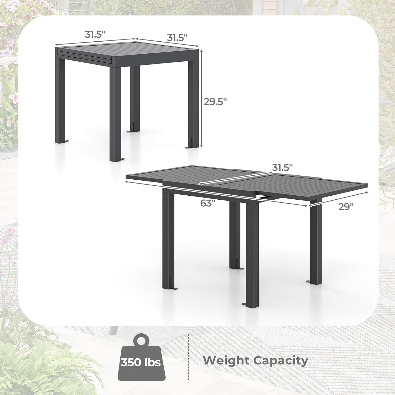 HAPPYGRILL Expandable Patio Dining Table Aluminum Outdoor Table for 4-6 Person with Slatted Tabletop, Square Rectangular Folding Patio Table for Porch, Lawn, Garden
