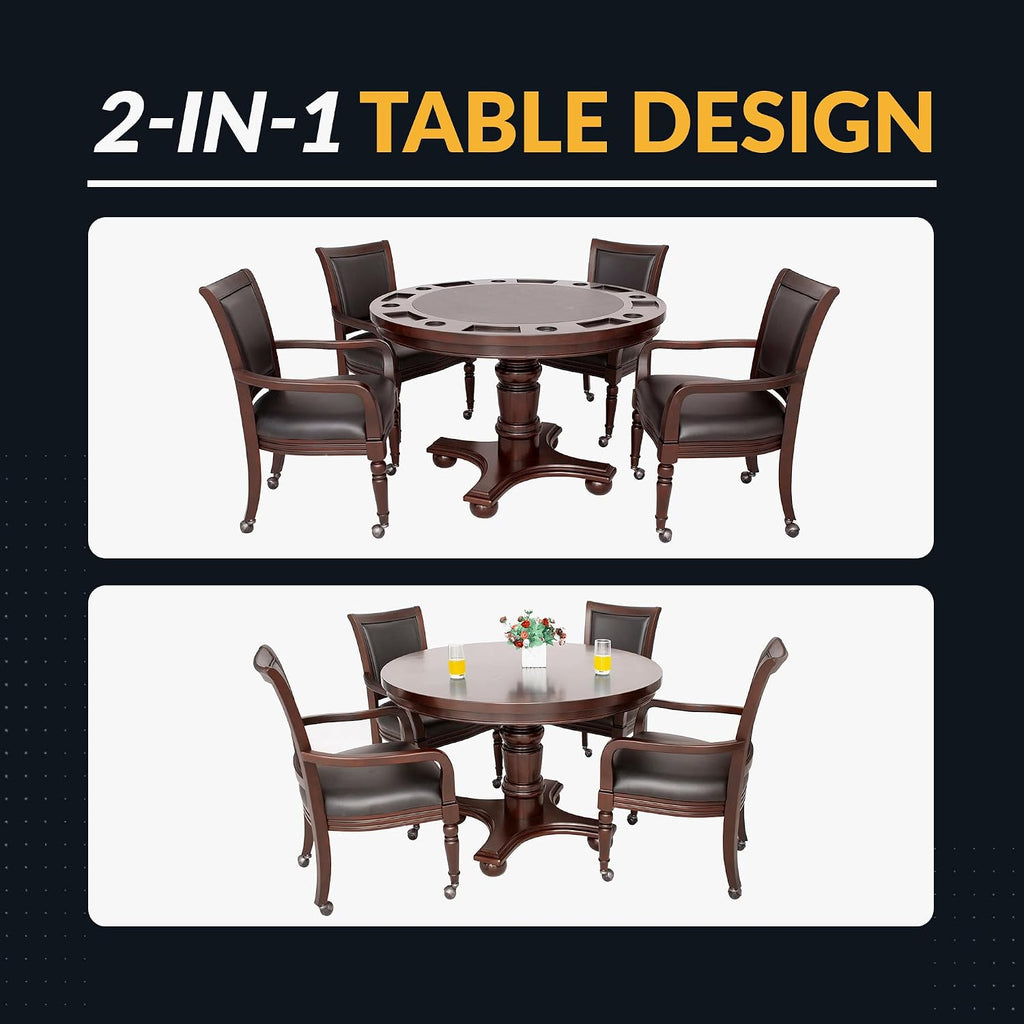 Hathaway Bridgeport 2 in 1 Round Poker Table and Chairs Set for Dining & Game Rooms – Furniture Grade Hardwood, Sturdy Pedestal Legs, Drink Holders, Chip Slots – Includes 4 Poker Table Chairs - Walnut
