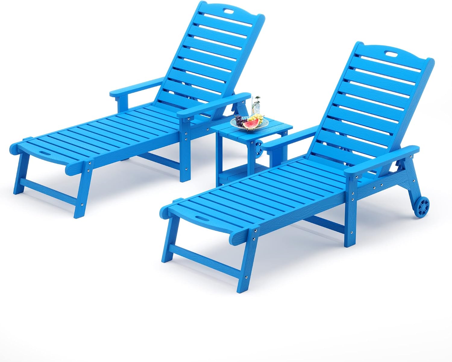 LUE BONA Chaise Lounge Chair with Table, 3-Piece, HDPS Chaise Lounger, 5 Positions Adjustable Lounge Chairs, Pool Lounge Chair with Wheels for Poolside, Backyard, Blue
