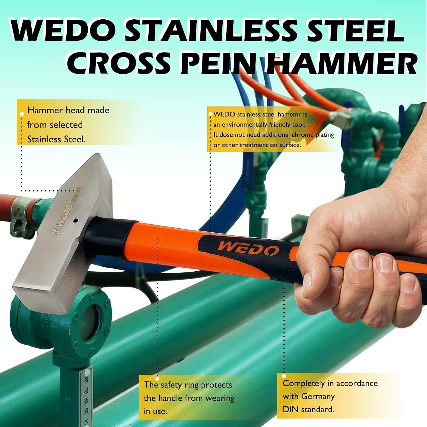 WEDO Cross Pein Hammer,Engineer Hammer,Blacksmith's Hammer,Fiberglass Handle,3lb,Length 400mm,Stainless Steel,Rust Proof,Corrosion Resistant,Die-Forged