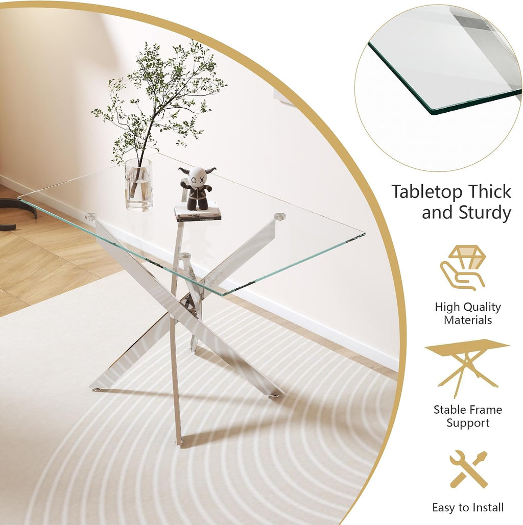 5 Piece Glass Dining Table Set for 4, Modern Tempered Glass Top Kitchen Table and Chairs Set, 4 Upholstered Chairs and Faux Leather Cushions, Space-Saving Small Apartment Dining Set