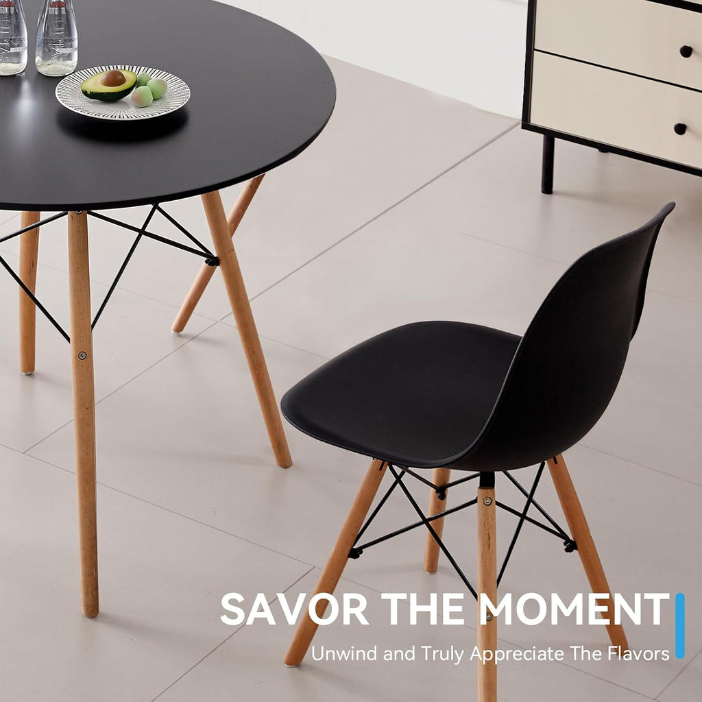 5-Piece 35.5' Round Dining Table Set, Small Kitchen Table Chairs Set of 4 Plastic Seats, Solid Wood Legs, Space Saving Furniture for Living Room Apartment Office Home, Black