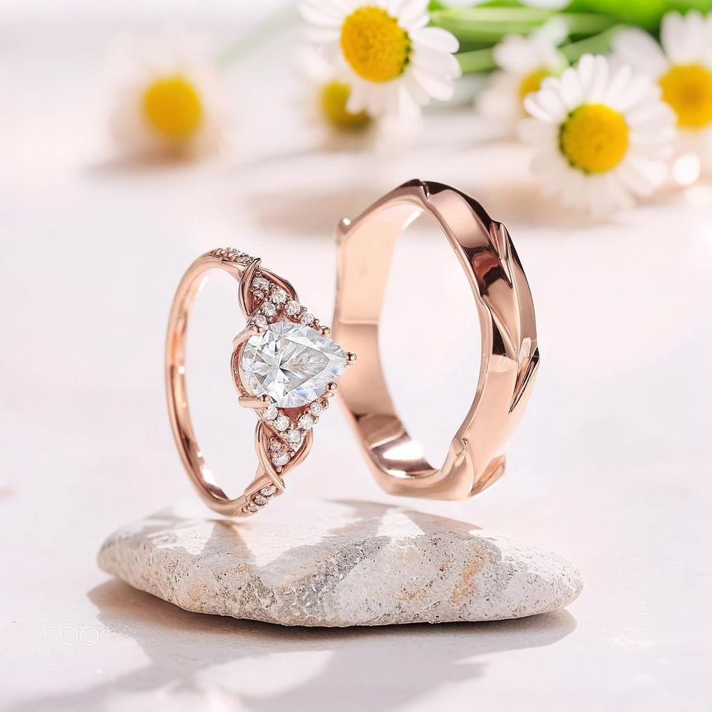 SISGEM Moissanite Couple Rings Set, 10K 14K 18K Solid Gold Moissanite Wedding Rings for Him And Her, Vintage Leaf/Branch Wedding Bands Matching Couple Rings Anniversary Jewelry Gift for Women And Men