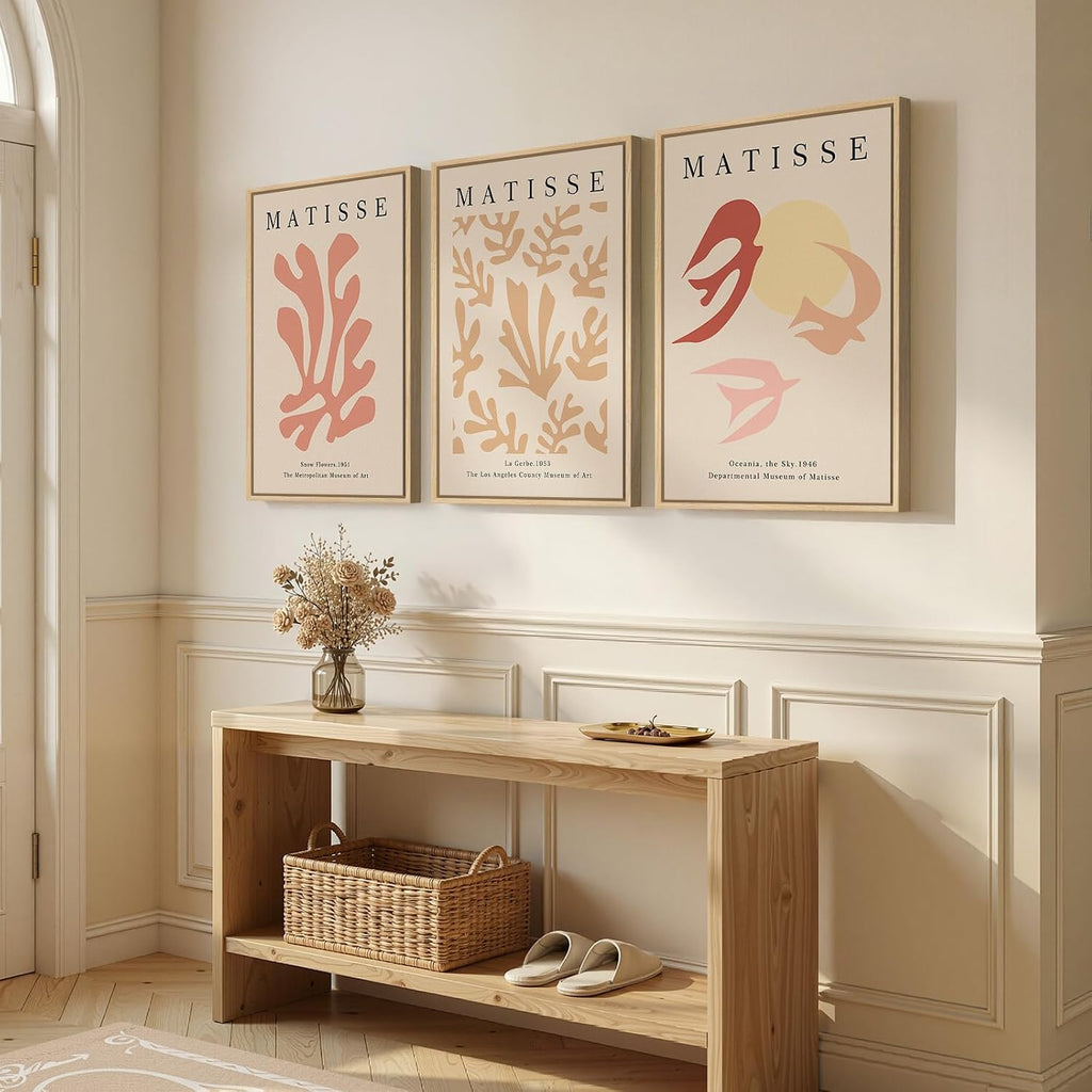 Framed Large Matisse Abstract Wall Art Set of 3, Vintage Neutral Pink Floral Botanical Canvas Prints, Classical Matisse Paintings Pictures for Living Room, Bedroom, Hallway, Office Decor, Total Size 30x60 In