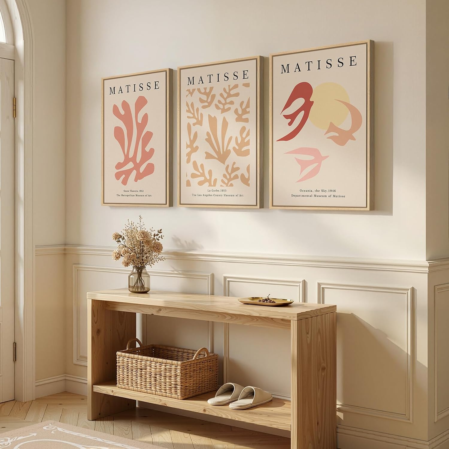 Framed Large Matisse Abstract Wall Art Set of 3, Vintage Neutral Pink Floral Botanical Canvas Prints, Classical Matisse Paintings Pictures for Living Room, Bedroom, Hallway, Office Decor, Total Size 30x60 In