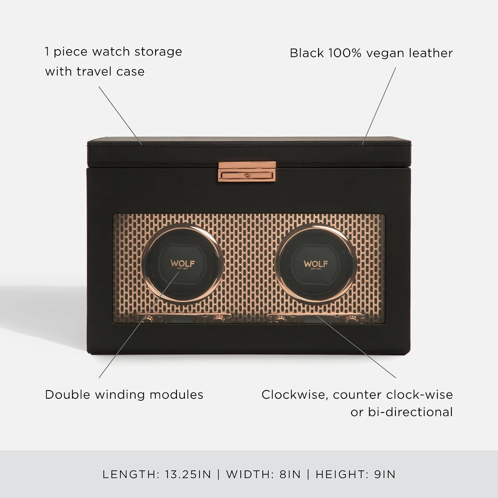 Wolf Axis Watch Winder with Storage - Secure Fit with Patented Lock-in Dynamic Cuff - Accommodates All Wrist Sizes - Vegan Leather - Includes Universal Adapter