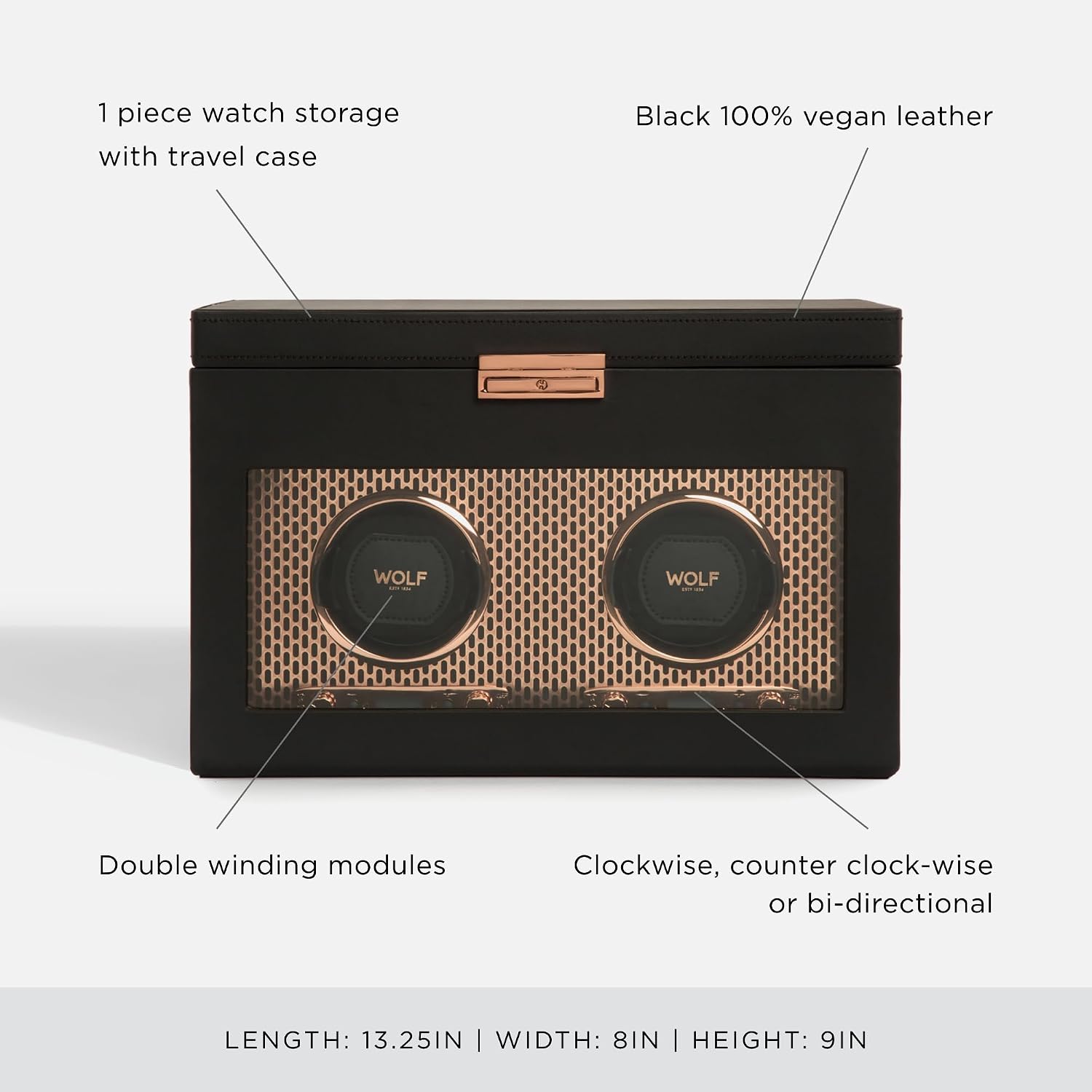 Wolf Axis Watch Winder with Storage - Secure Fit with Patented Lock-in Dynamic Cuff - Accommodates All Wrist Sizes - Vegan Leather - Includes Universal Adapter