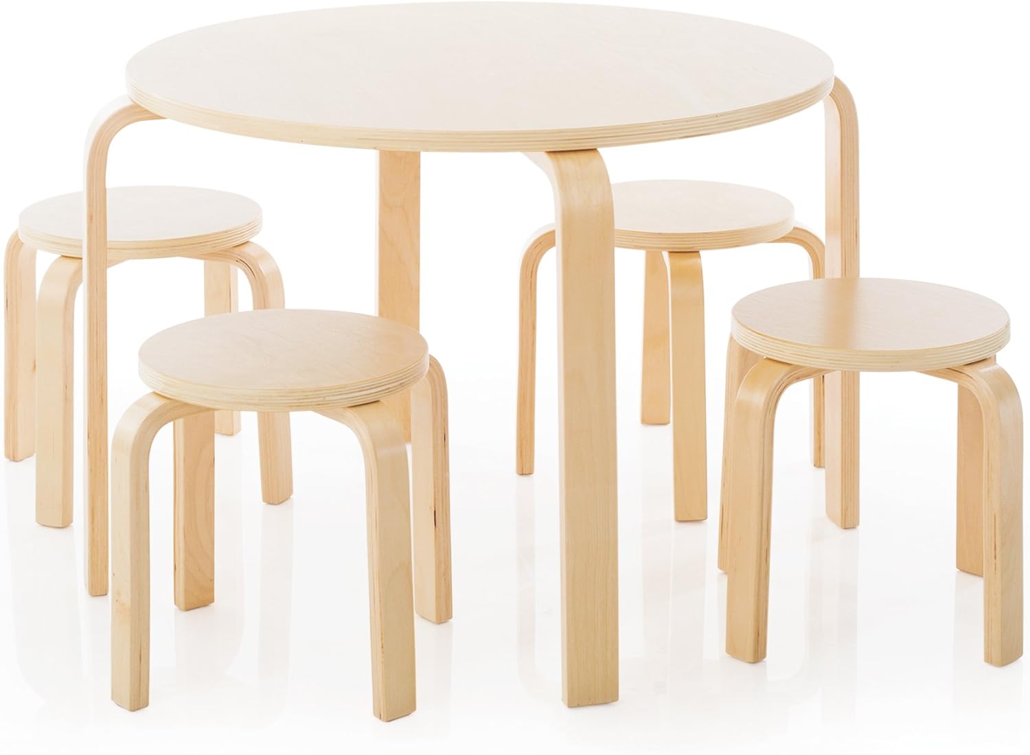 Guidecraft Nordic Table and Stools Set for Kids: Natural - 4 Stacking Bentwood Stools with Curved Wood Activity Table - Children's Modern Kitchen, Playroom and Classroom Furniture