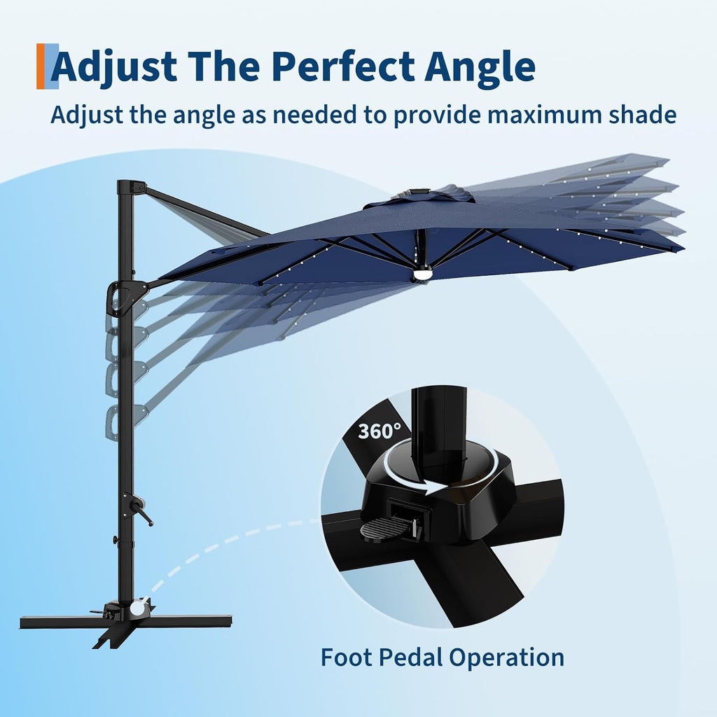 Garvee 10 ft Cantilever Patio Umbrella with Solar Lights, 360° Rotation Offset Umbrella, Easy Crank & Tilt Adjustment, UV Protection for Backyard, Poolside, Deck -Navy Blue