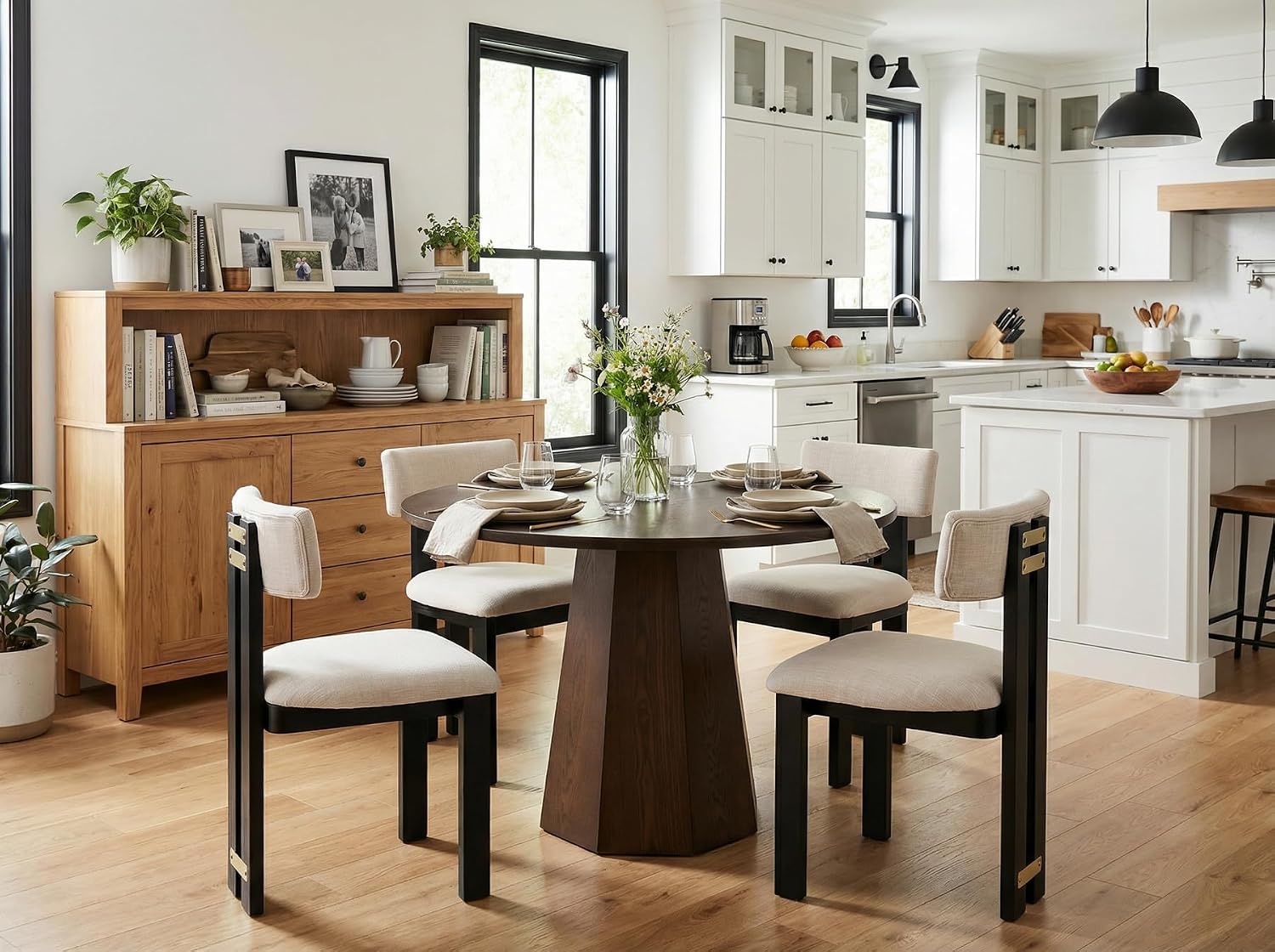 BESTANO 39' Round Solid Wood Dining Table for 4-5 People, Modern Pedestal Small Kitchen Table Circle Tabletop with Walnut Wood Grain Finish, Saving Space, Walnut