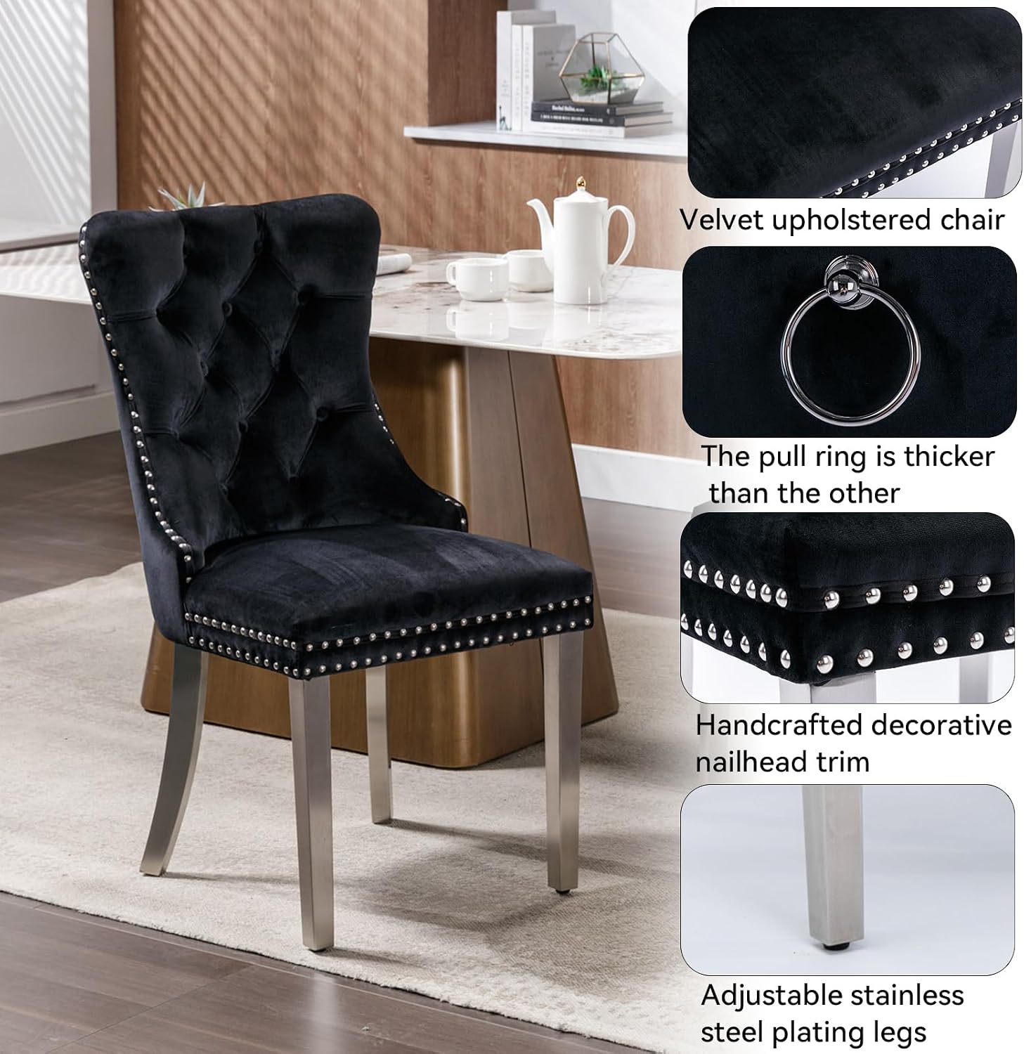 7 Pieces 47'-63' White Faux Marble Extendable Dining Table Set, Round Expanding Kitchen and Dining Room Table Set for 6 with Mirrored Acrylic Base & Black Velvet Upholstered Chairs