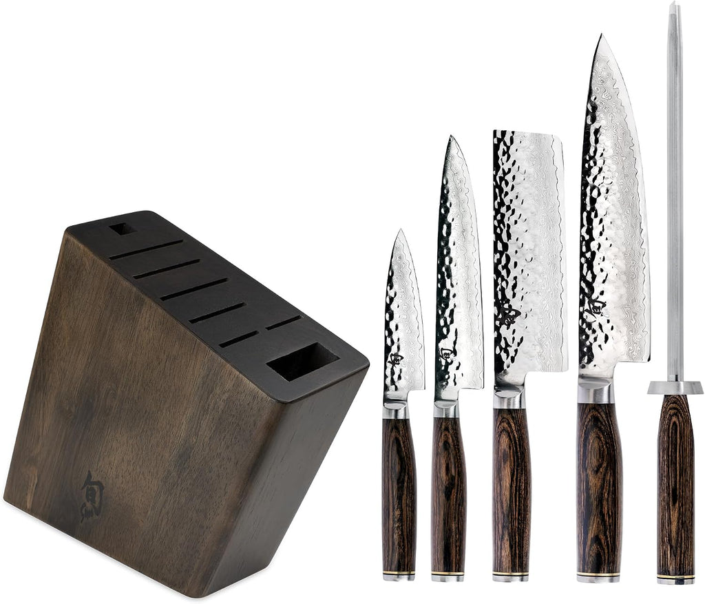 Shun Premier 6 Piece Block Set, Includes 8' Chef, 4' Paring, 5.5' Nakiri, 6.5' Utility Knives, Honing Steel & 8-Slot Angled Knife Block, Handcrafted Japanese Knife Set, Pakkawood Handles