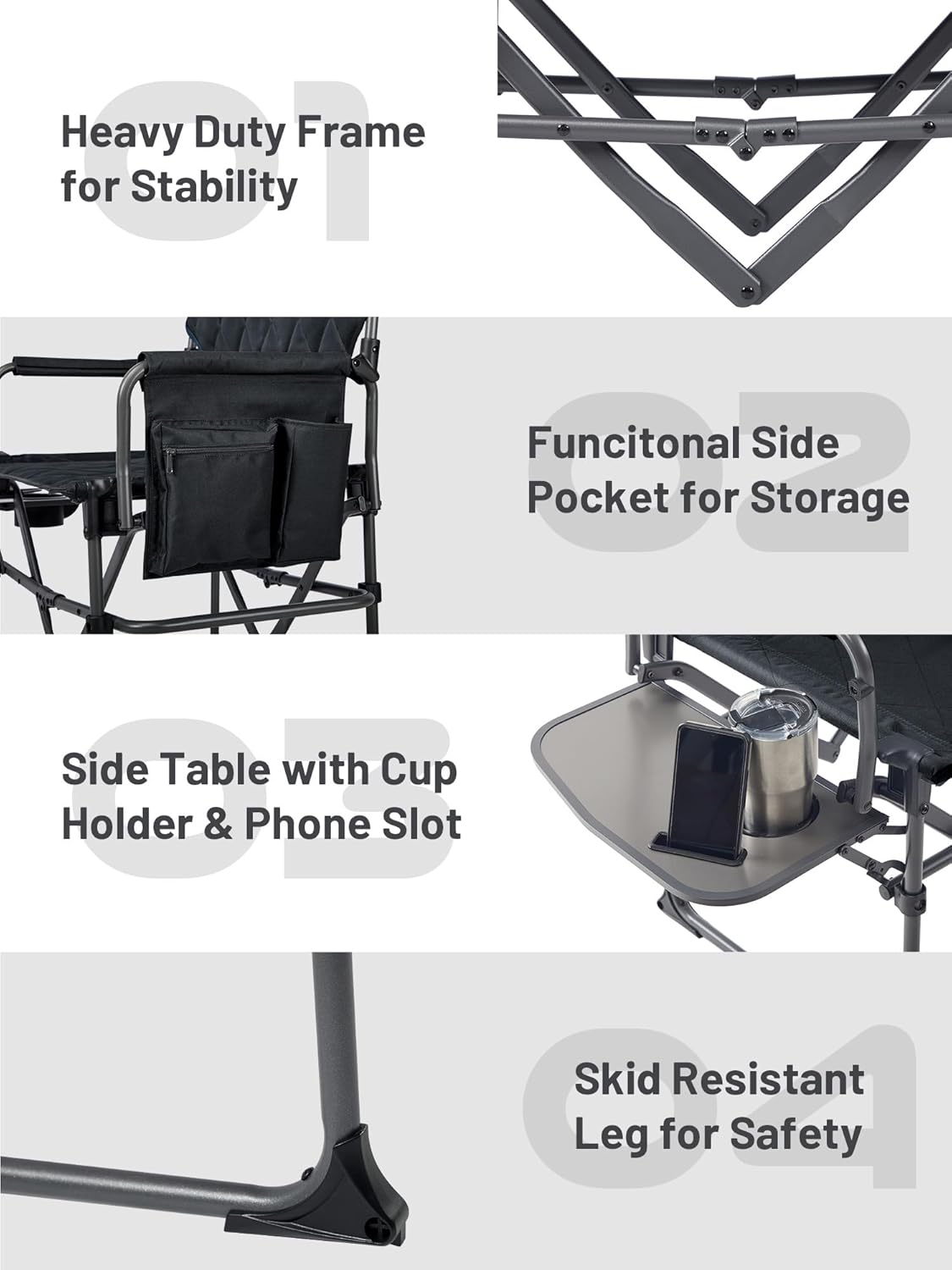 TIMBER RIDGE Heavy Duty Camping Chair with Compact Size, Portable Directors Chair with Side Table and Pocket for Camping, Lawn, Sports and Fishing, Supports Up to 400lbs, Black 2 Pack