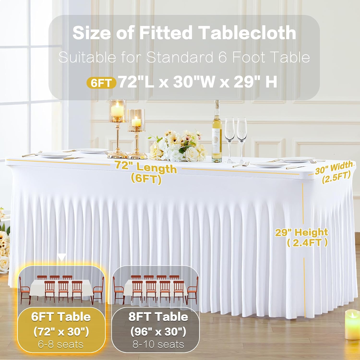 gogoparti 8 Pack Spandex White Fitted Table Cloth for 6ft Rectangle Tables White Stretch Tablecloth Table Covers Skirt Banquet Wrinkle Free Tablecloths for Parties Wedding