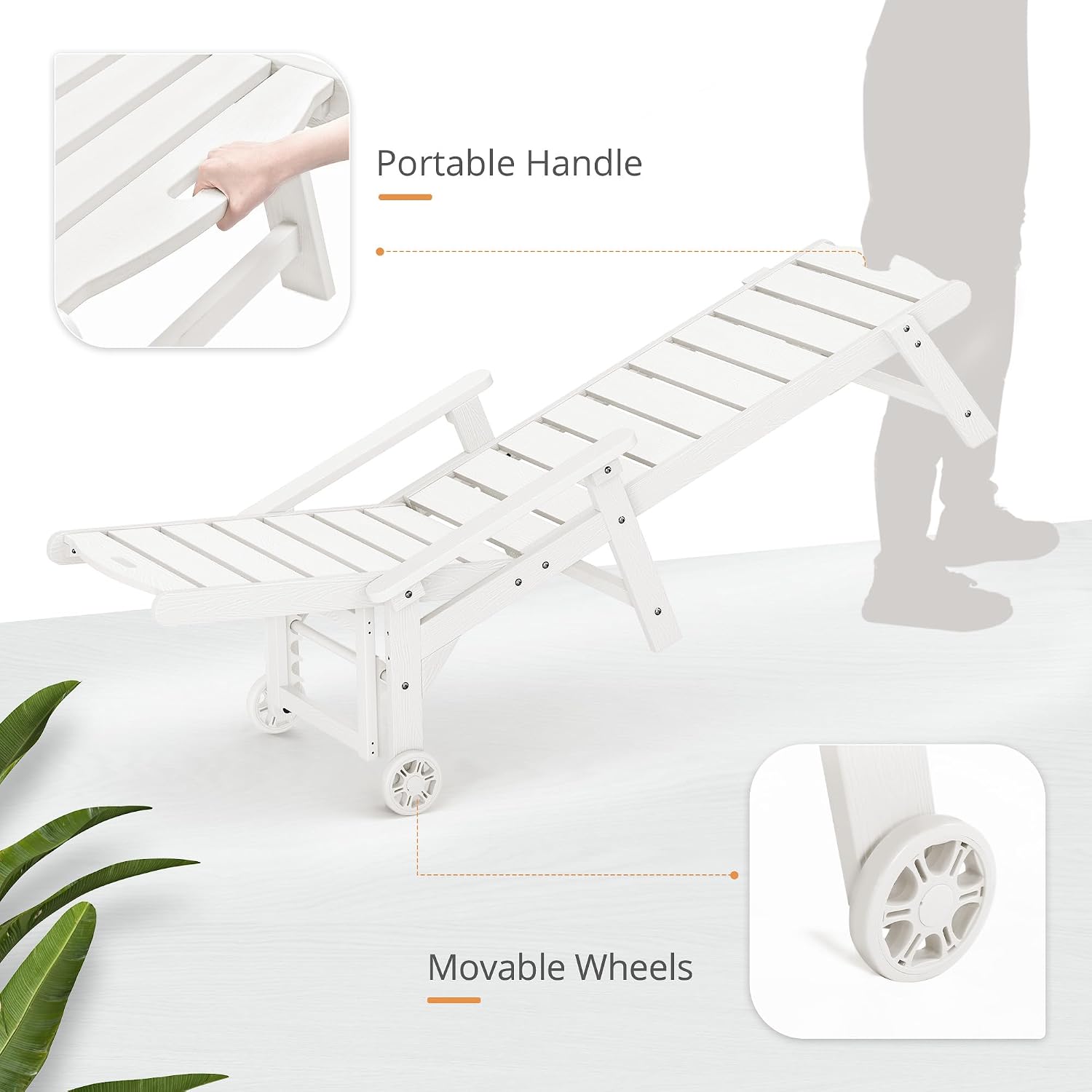 LUE BONA Chaise Lounge Chair with Table, 3-Piece, HDPS Chaise Lounger, 5 Positions Adjustable Lounge Chairs, Pool Lounge Chair with Wheels for Poolside, Backyard, White
