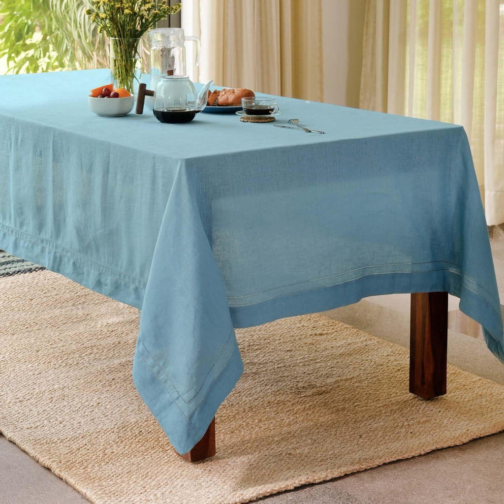 BLUE FLOWER CO Premium 100% Pure Linen Tablecloth 70'x120' Rectangle, Double Hemstitched Table Cover for Dinner, Parties, Eco-Friendly, Fall & Winter Table Décor - Dusty Blue
