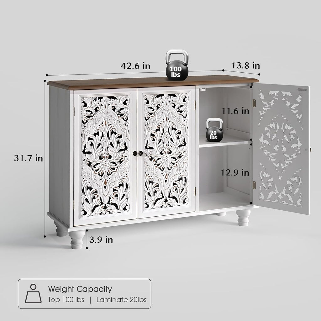 JOINICE Accent Cabinet with 3 Carved Doors,Farmhouse Buffet Cabinet with Storage for Living Room, Entryway, Dining Room, Coffee Bar(White)