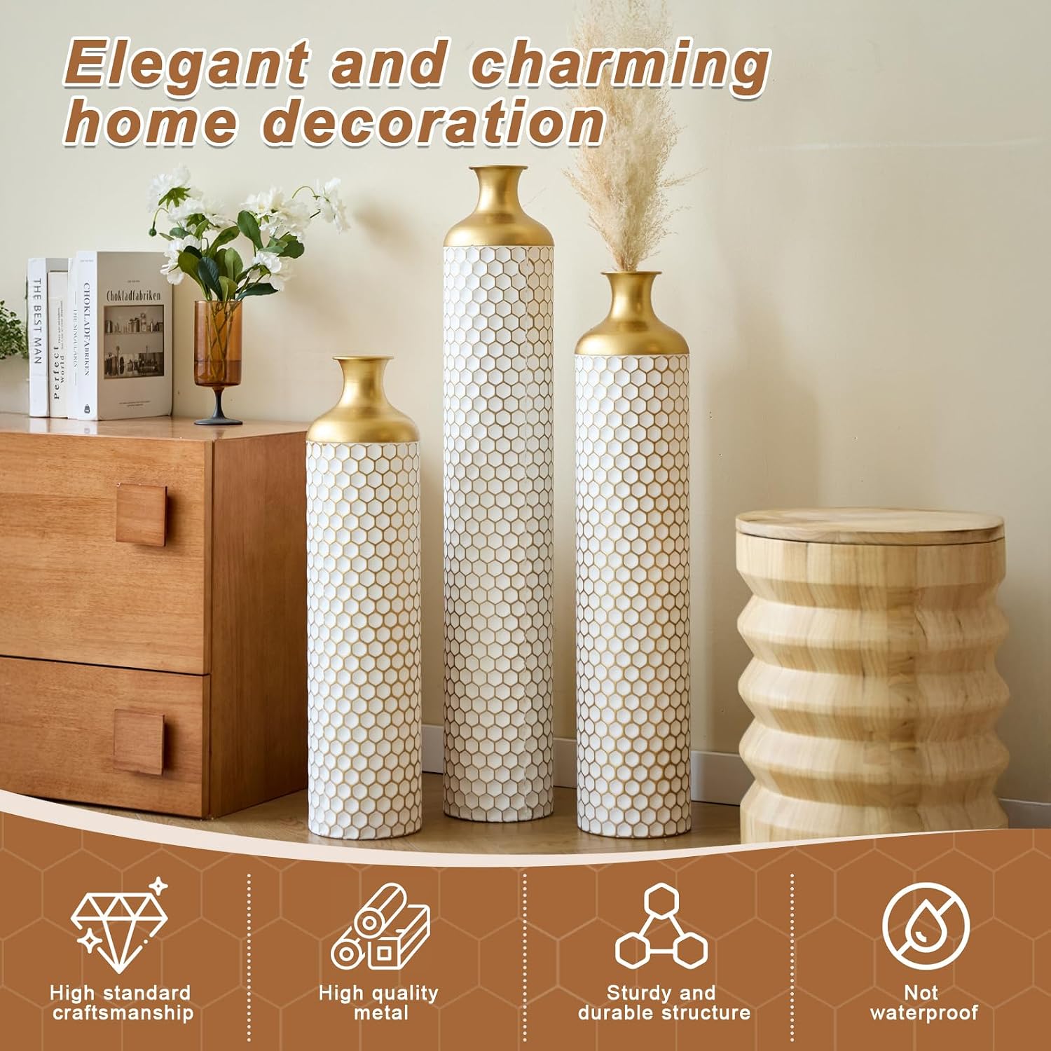 Tall Floor Vases Set of 3, White and Gold Large Tall Decorative Standing Vases with Hammered Gold Accents for Fireplace Home Corner Hallway Office, 31.5' 27.5' 23.6'