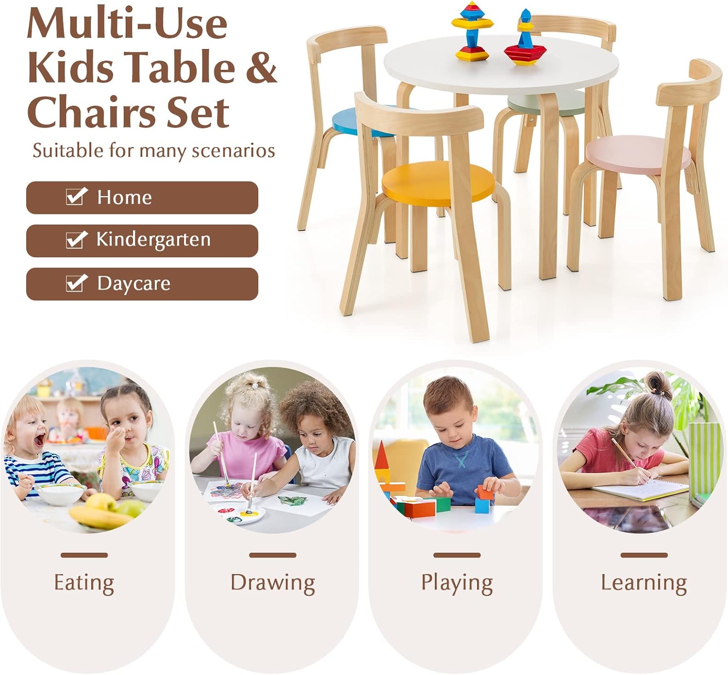 Costzon Kids Table and Chair Set, 5-Piece Wooden Activity Desk Set w/Toy Bricks, Classroom Playroom Daycare Furniture for Playing, Drawing, Reading, Bentwood Toddler Table and Chairs (Assorted)