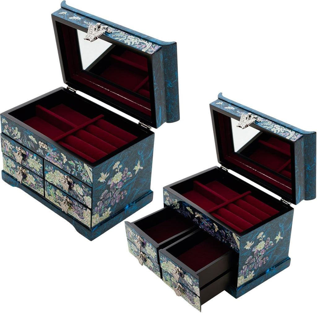 February Mountain Elegant Mother of Pearl Jewelry Box – Handcrafted Wooden Chest with Intricate Butterfly and Crane Designs, 4 Drawer Storage, and Red Velvet Interior – Ideal Gift for Women