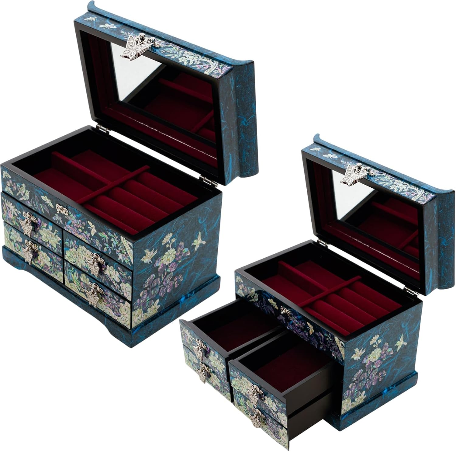 February Mountain Elegant Mother of Pearl Jewelry Box – Handcrafted Wooden Chest with Intricate Butterfly and Crane Designs, 4 Drawer Storage, and Red Velvet Interior – Ideal Gift for Women