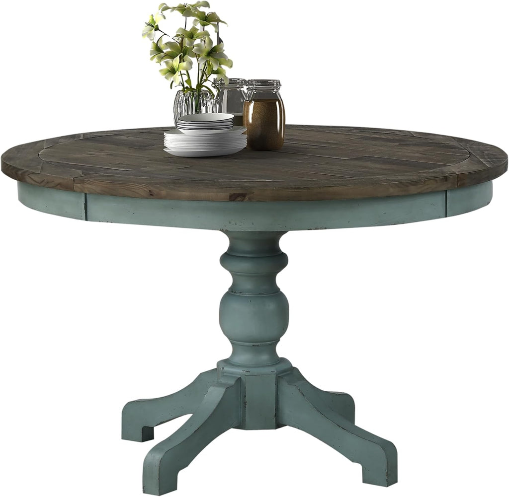 Roundhill Furniture Prato Round Two-Tone Finish Wood Dining Table, Blue and Brown