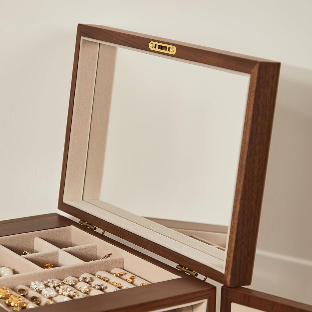 Black Walnut Wooden Jewelry Box, Wood Jewelry Organizer with 2 Side Doors Mirror Lockable Classical Style for Watch Necklace Ring Earring Storage Mothers Day Gifts for Mom-5 Layer