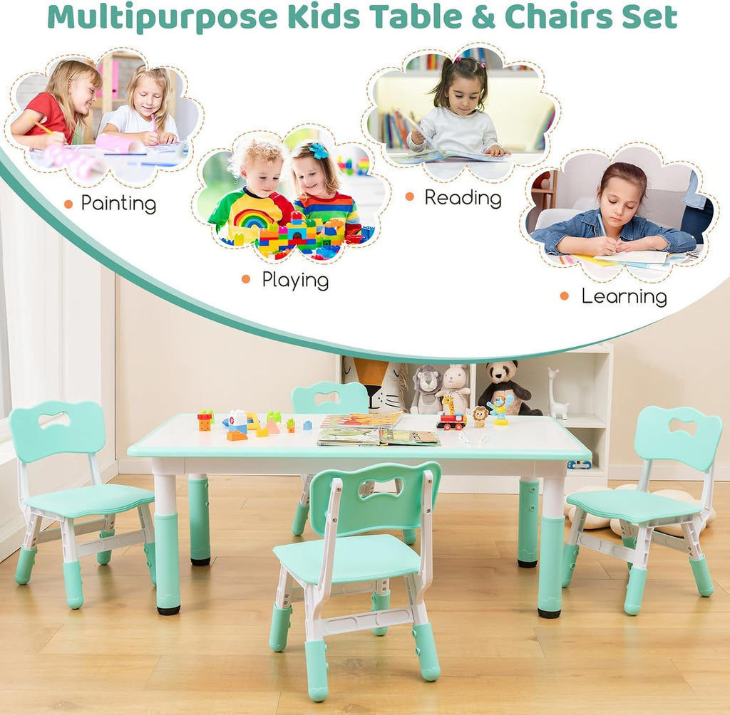 Costzon Kids Table and 4 Chair Set, Height Adjustable Toddler Desk and Chairs with Graffiti Desktop, Non-Slip Legs, Children Art Study Multi-Activity Table Set for Home, Daycare, School (Green)