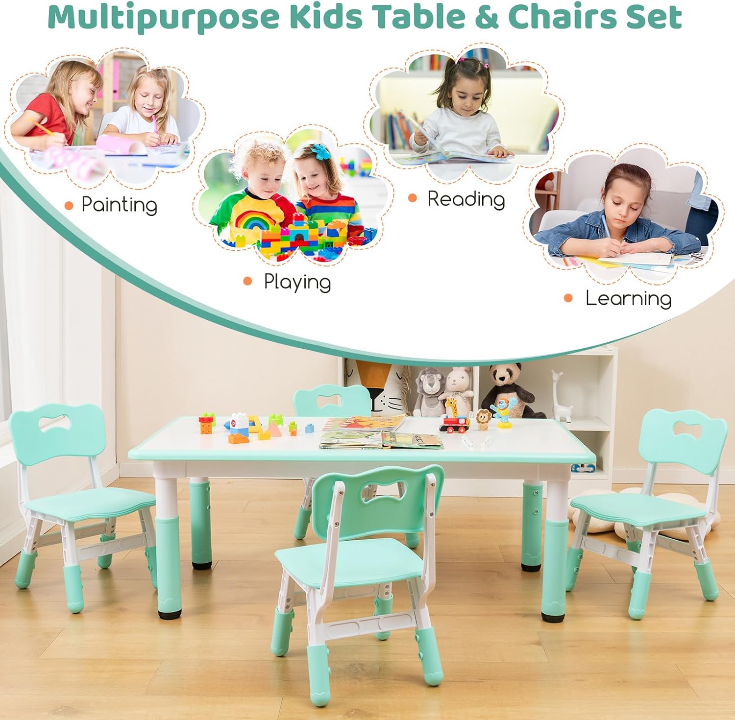 Costzon Kids Table and 4 Chair Set, Height Adjustable Toddler Desk and Chairs with Graffiti Desktop, Non-Slip Legs, Children Art Study Multi-Activity Table Set for Home, Daycare, School (Green)