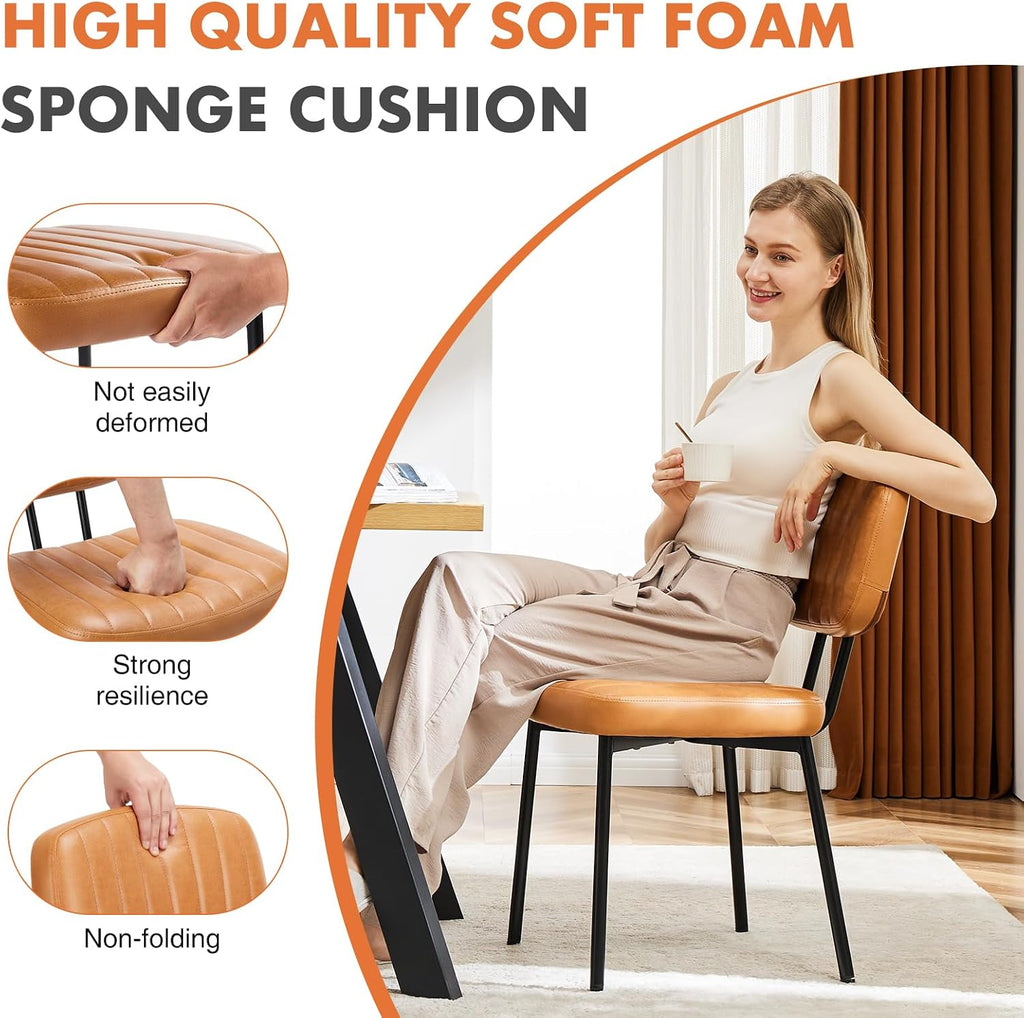 Sweetcrispy Dining Chairs Set of 4, Upholstered Mid Century Modern Kitchen Accent Chairs with Faux Leather Cushion Seat & Metal Legs for Home Office, Living Room - Brown