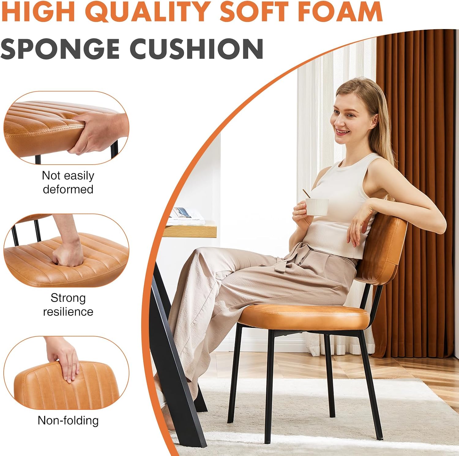 Sweetcrispy Dining Chairs Set of 4, Upholstered Mid Century Modern Kitchen Accent Chairs with Faux Leather Cushion Seat & Metal Legs for Home Office, Living Room - Brown