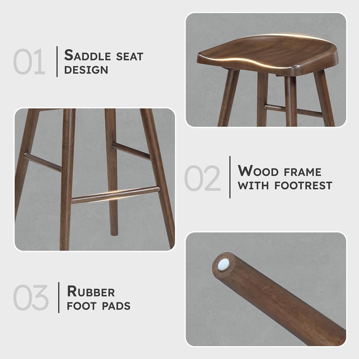 Lexicon Bar Height Stools Set of 2, Sturdy Acacia Wood Frame Saddle Seat Bar Chairs, Rustic Backless Kitchen Island Seating for Dining Room, Breakfast Nook, Brown