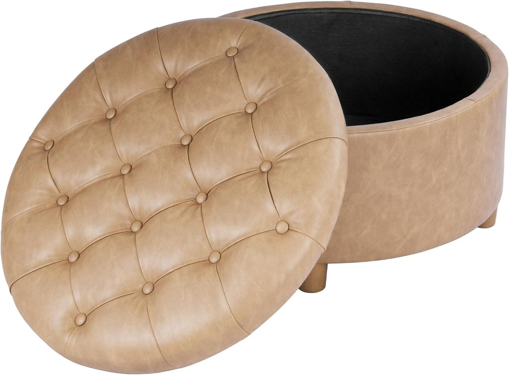 HomePop Home Decor | Button Round Storage Ottoman | Ottoman with Storage for Living Room & Bedroom, Light Camel Faux Leather