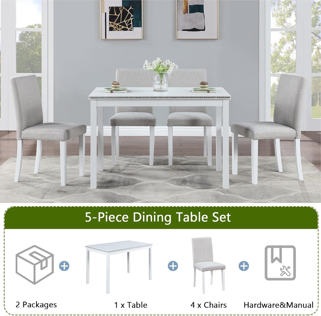 LUMISOL Dining Table Set for 4, 5-Piece Solid Wood Kitchen Table Set with 4 Upholstered Chairs for Kitchen, Dining Room, Home Bar, White