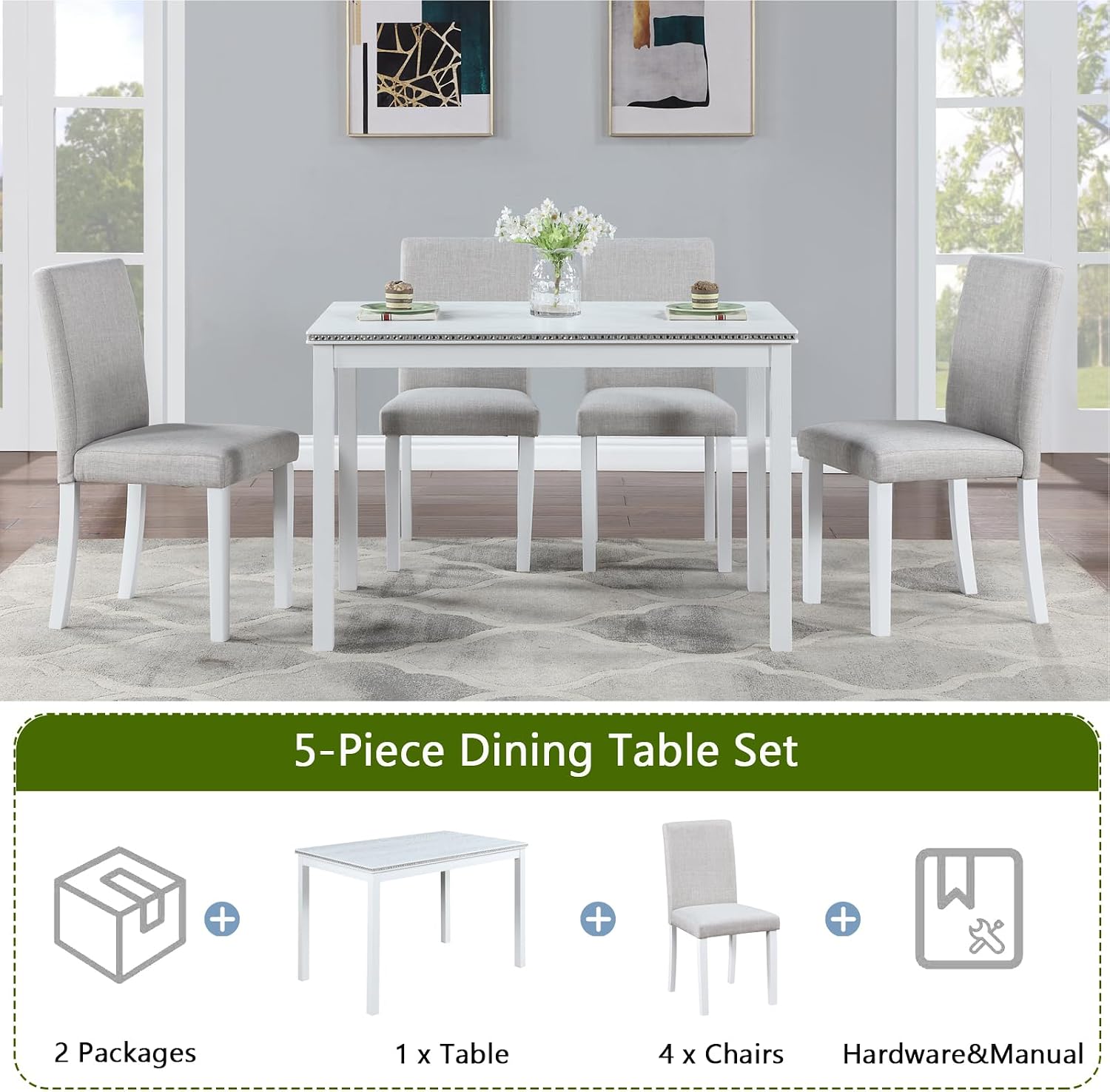 LUMISOL Dining Table Set for 4, 5-Piece Solid Wood Kitchen Table Set with 4 Upholstered Chairs for Kitchen, Dining Room, Home Bar, White