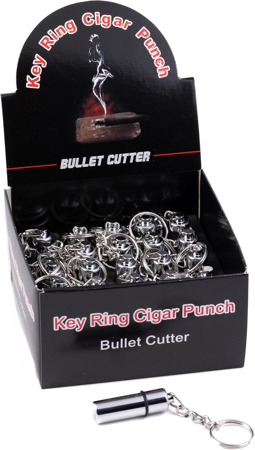 Prestige Import Group - Keyring Bullet Cigar Punch Cutter - 25 Pieces in Display Box - Color: Chrome Silver