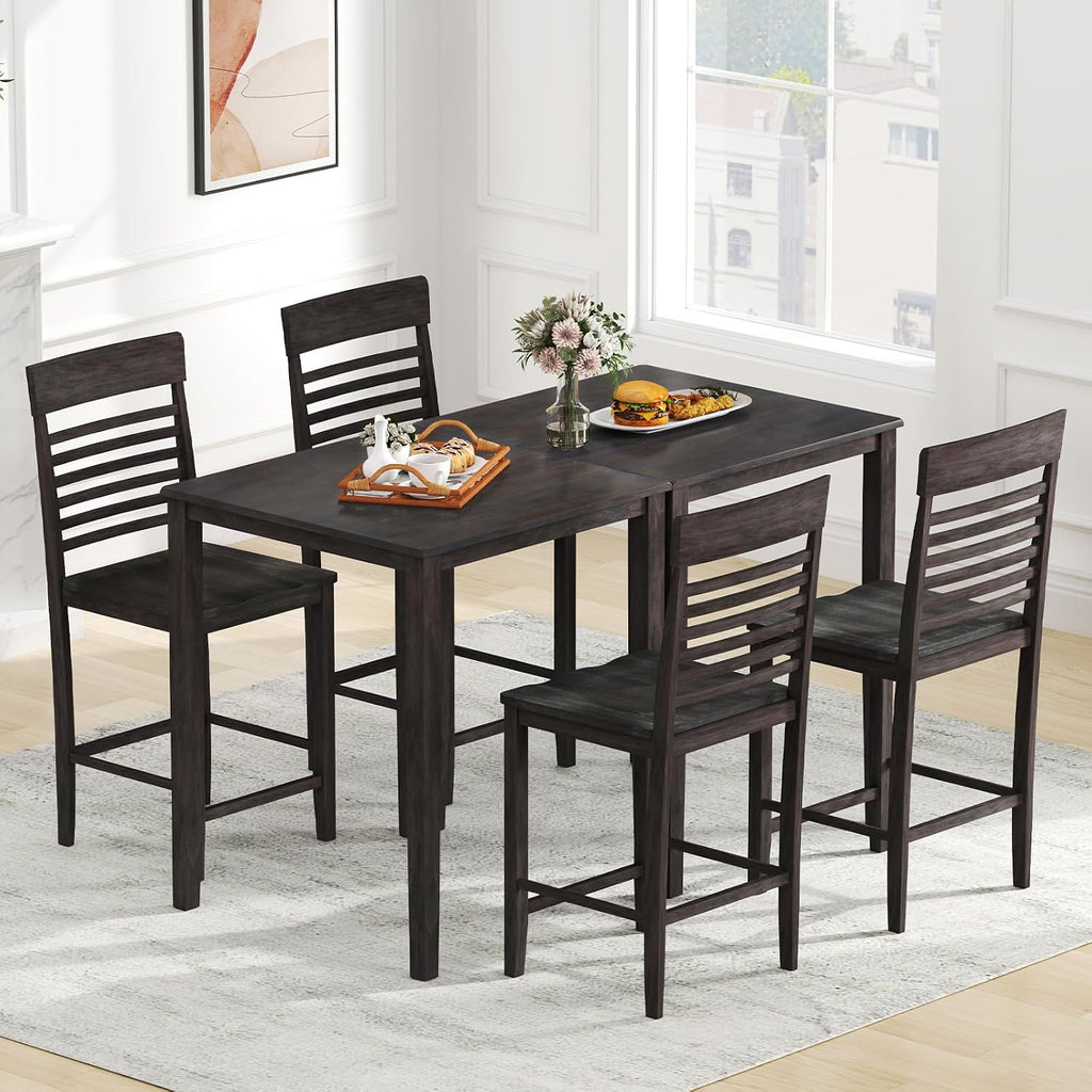Giantex 5-Piece Dining Table Set for 4, Counter-Height Square Kitchen Table and Chairs Set with Rubber Wood Frame, Curved Back, Footrest, Bar Table Set for Small Place Dinette Breakfast Nook